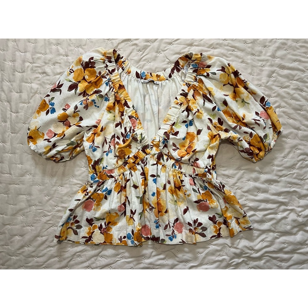 A&F Linen-Blend Puff Sleeve V-Neck Top - L - EUC!